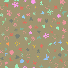 Hand drawn line drawing, seamless brown floral pattern for fabric printing.