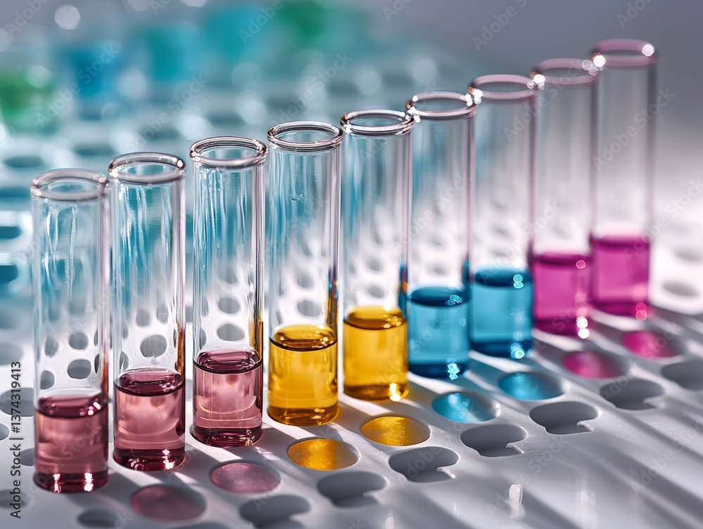 Aufkleber neatly aligned colorful test tubes with liquid samples in gradient order on reflective lab surface i