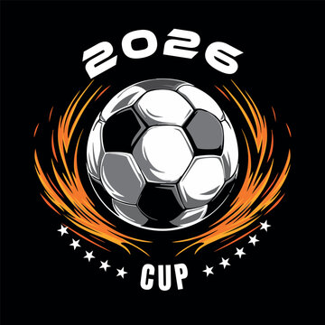 Vector illustration depicts a stylized soccer ball engulfed in flames, symbolizing the passion and excitement of the 2026 Cup. The simple yet powerful graphic is perfect for representing the upcoming 