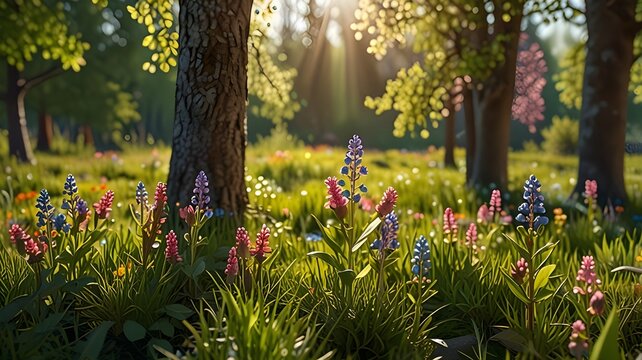 A springtime meadow dotted with colorful buds