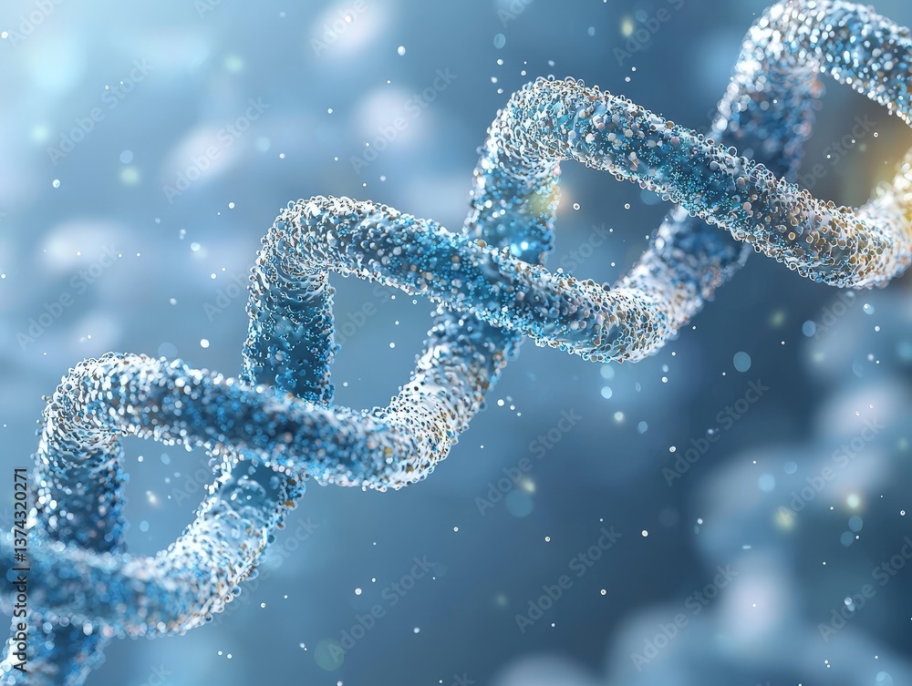 Poster glowing dna double helix floating in high resolution digital blue space representing molecular struc