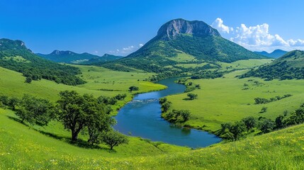 Naklejka premium Serene River Valley Landscape: Majestic Mountain Vista