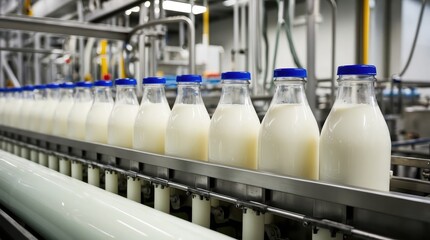 Fresh milk bottles on production line in manufacturing facility, showcasing industrial process of dairy production