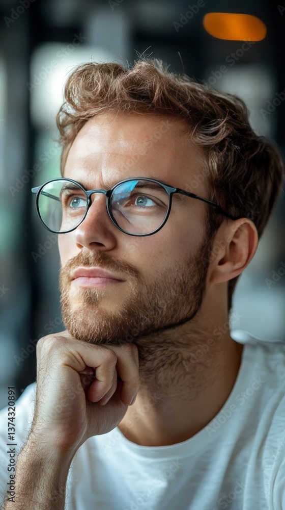 Poster bearded young man thinking deeply in front of minimal grey background representing modern intellect 