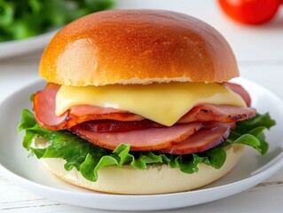 Delicious ham and cheese sandwich on a white plate with fresh lettuce and tomato in soft light