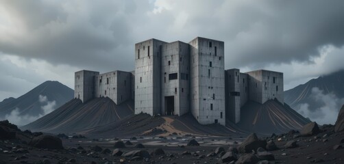  A Stark, Silver Fortress Stands Guard Against The Raw Power of Volcanic Landscape, Embodying Brutalist Principles and Unyielding