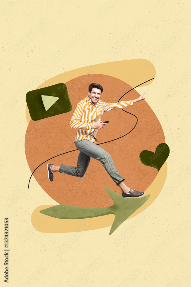Poster zine art poster trend collage image of happy man run arrow pointer hold phone heart icon blogging co