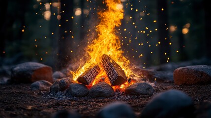 Campfire burns bright. Rocks surround a fire pit in the forest. Sparks are flying