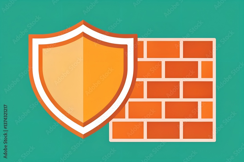 Aufkleber flat design of shield and firewall blocking shield icon next to a brick wall depicting security and 