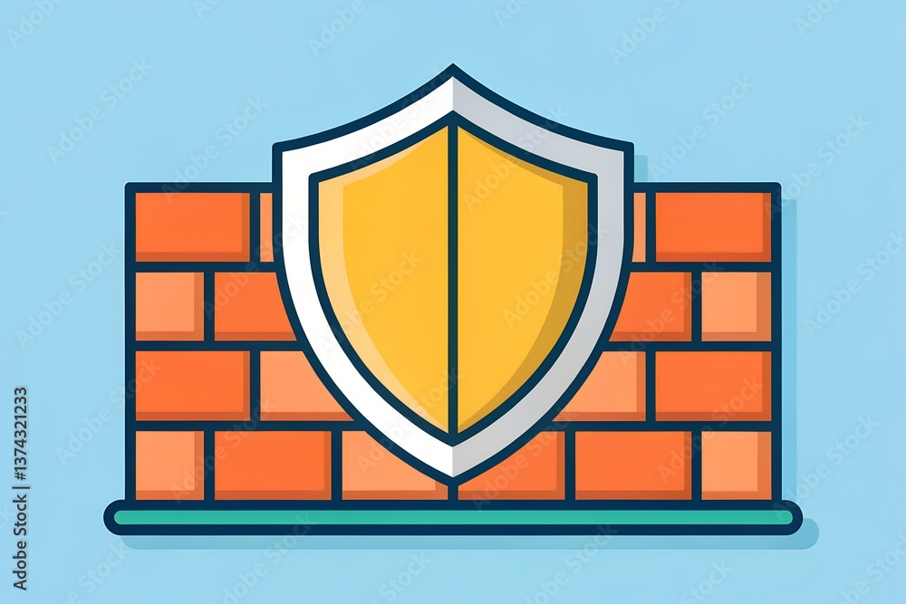 Aufkleber flat design of shield and firewall blocking shield logo with a brick wall background, representing s
