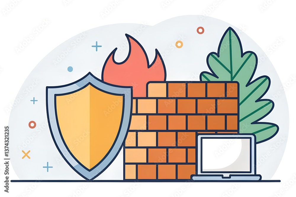 Poster flat design of shield and firewall blocking illustration of cybersecurity elements: shield, bricks, 
