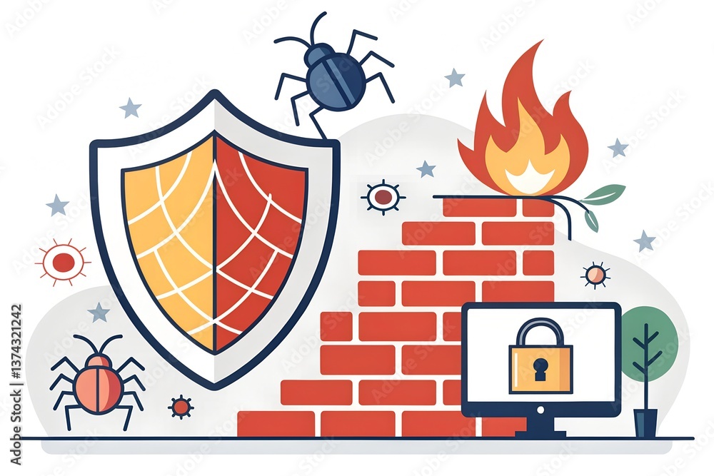 Aufkleber flat design of shield and firewall blocking digital illustration of cybersecurity concepts with shie