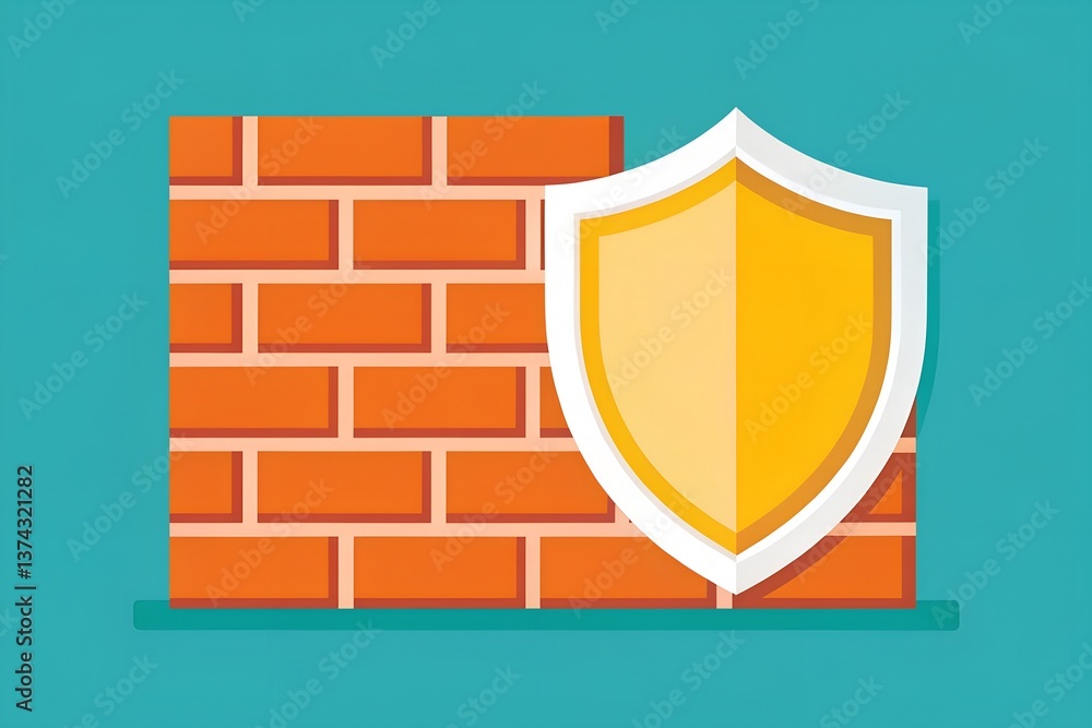 Aufkleber flat design of shield and firewall blocking digital illustration of a brick wall with a shield symbo