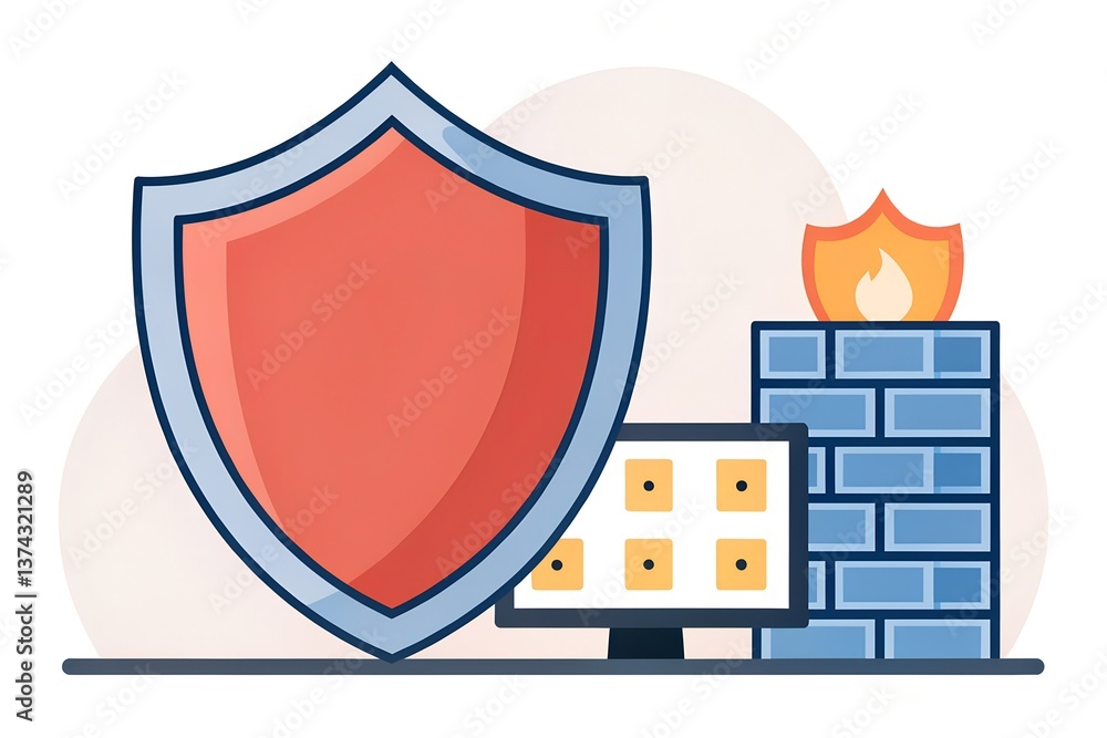 Aufkleber flat design of shield and firewall blocking digital illustration of a shield representing cybersecur
