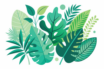 Tropical leaves. Cartoon jungle exotic palm plants and flowers. Banana, philodendron, plumeria, monstera leaf isolated on white background. Floral element vector set.

