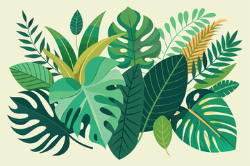 Tropical leaves. Cartoon jungle exotic palm plants and flowers. Banana, philodendron, plumeria, monstera leaf isolated on white background. Floral element vector set.
