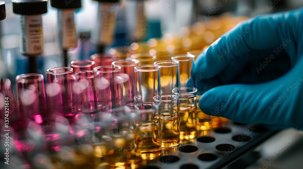Poster gloved hand placing sample tubes in precision order inside laboratory setting with focused attention