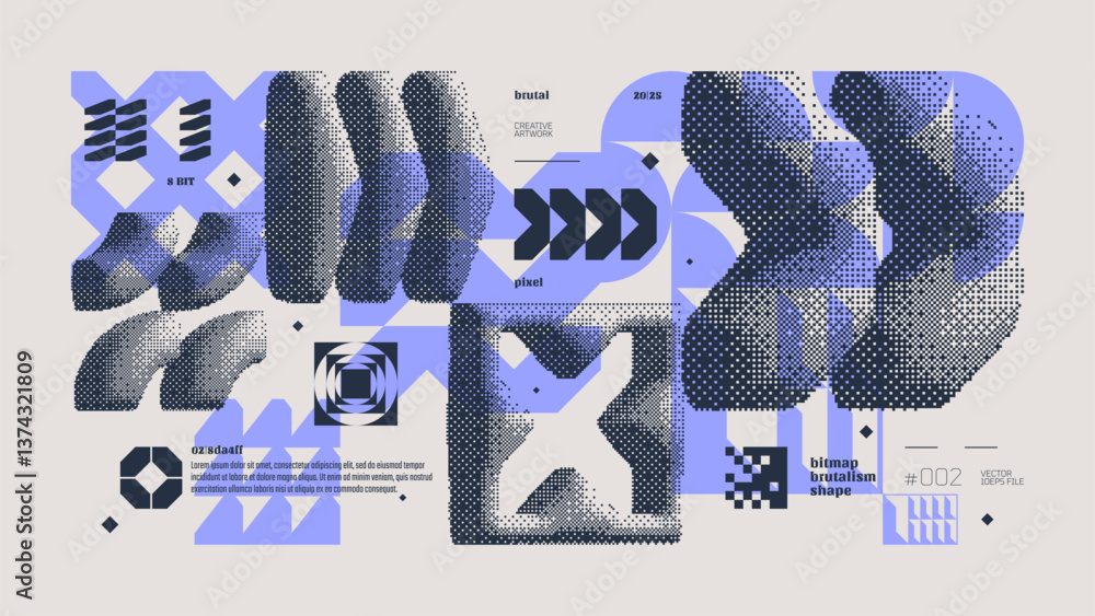 Poster Dithering bitmap abstract vector color background with Postmodern geometric graphic brutalism shapes, Y2K bold vector pixelated modernism artwork banner inspiration by retro 8-bit aesthetic, violet 2