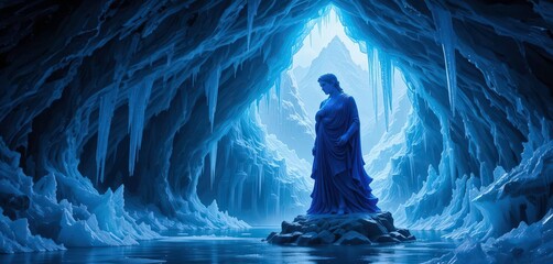  Frozen Tears Dark Blue Statue Cries Sapphire Tears Inside an Ice Cave with Frozen Waterfalls