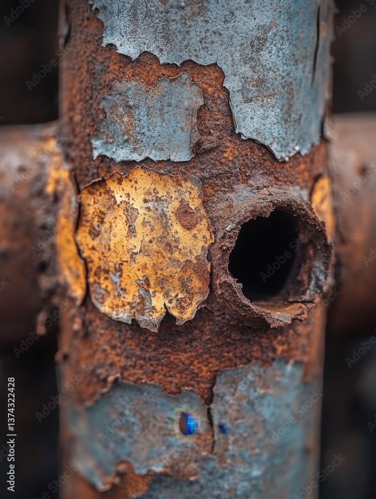 Poster close up of weathered metal pipe with peeling paint showing rust and corrosion with a dark hole and 