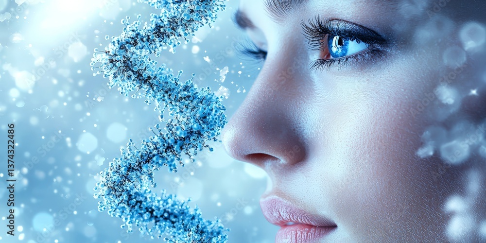Poster female face blended with digital dna strands on blue glowing background representing futuristic gene