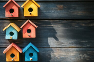 Colorful Birdhouses on Dark Wood Background for Spring or Summer Projects
