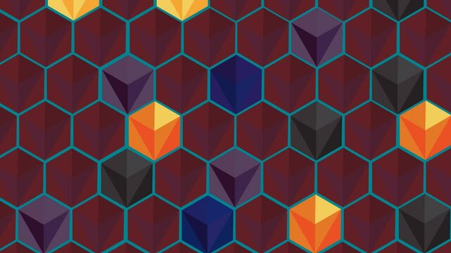 4K geometric pattern animation.  Isometric cubes in vibrant colors and teal outlines create a dynamic, modern texture.  Seamless loop with subtle 3D depth and movement.