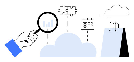 Hand holding magnifying glass inspecting bar chart over cloud. Includes puzzle piece, calendar, and shopping bag. Ideal for analytics, strategy, organization, e-commerce, planning cloud