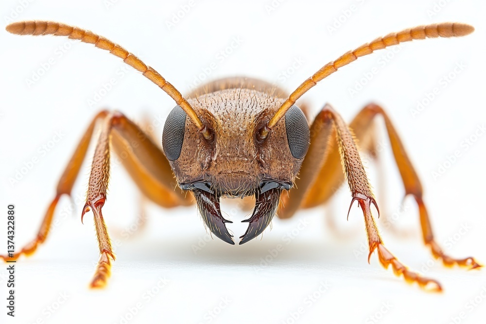 Poster detailed macro shot of an ant on a white background showcasing intricate details of its anatomy and 
