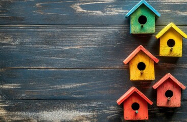 Colorful Birdhouses Arranged on Dark Wooden Background with Copy Space