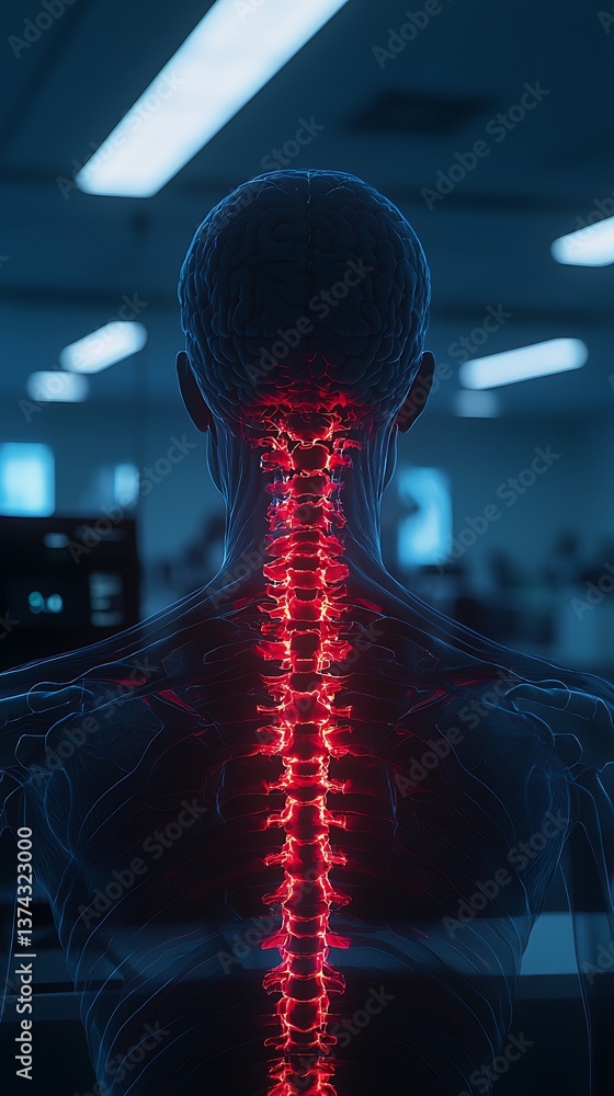 Poster a digital rendering of a human spine, illuminated in red, showcasing the intricate structure against