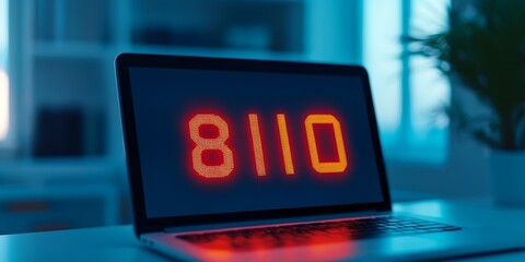A laptop displaying a glowing digital clock with the time 8:10, set against a dimly lit background, conveying a tech-savvy atmosphere.
