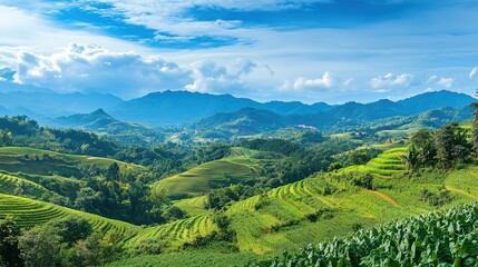 Fototapeta premium Lush Green Rice Terraces in a Mountain Valley