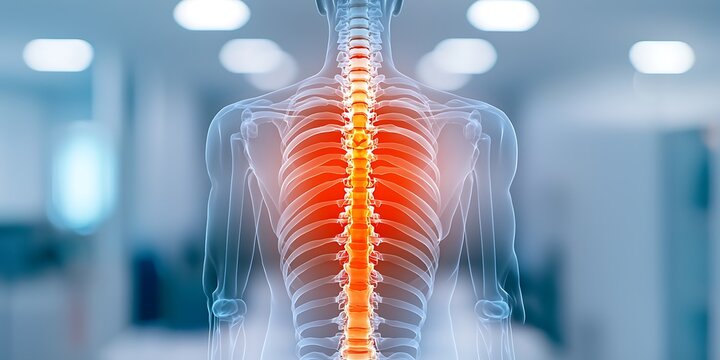 An anatomical illustration highlighting a human spine, showcasing the vertebrae and spinal cord with an emphasis on areas of pain.