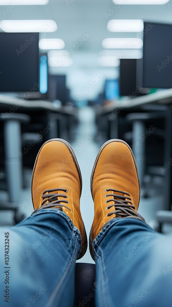Poster a pair of yellow boots rests on a desk in an office, with computer screens and a workspace visible i