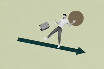 Creative sketch art collage of happy man hold suitcase arrow decline statistics regress carry...