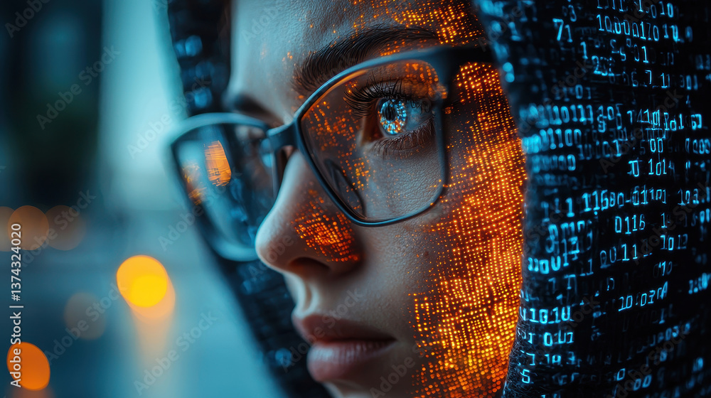Poster cybercriminal wearing a glowing mask hacks into a virtual network surrounded by advanced technology 