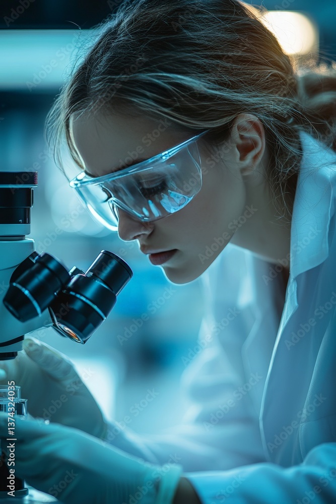 Poster female scientist examining sample under microscope in sterile lab environment captured in bright hig