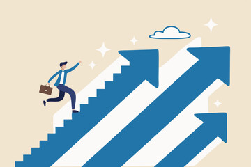 Step to success, improvement, challenge or career growth development, leadership progress, career path direction or stairway to win business concept, businessman walk up arrow stair for victory.