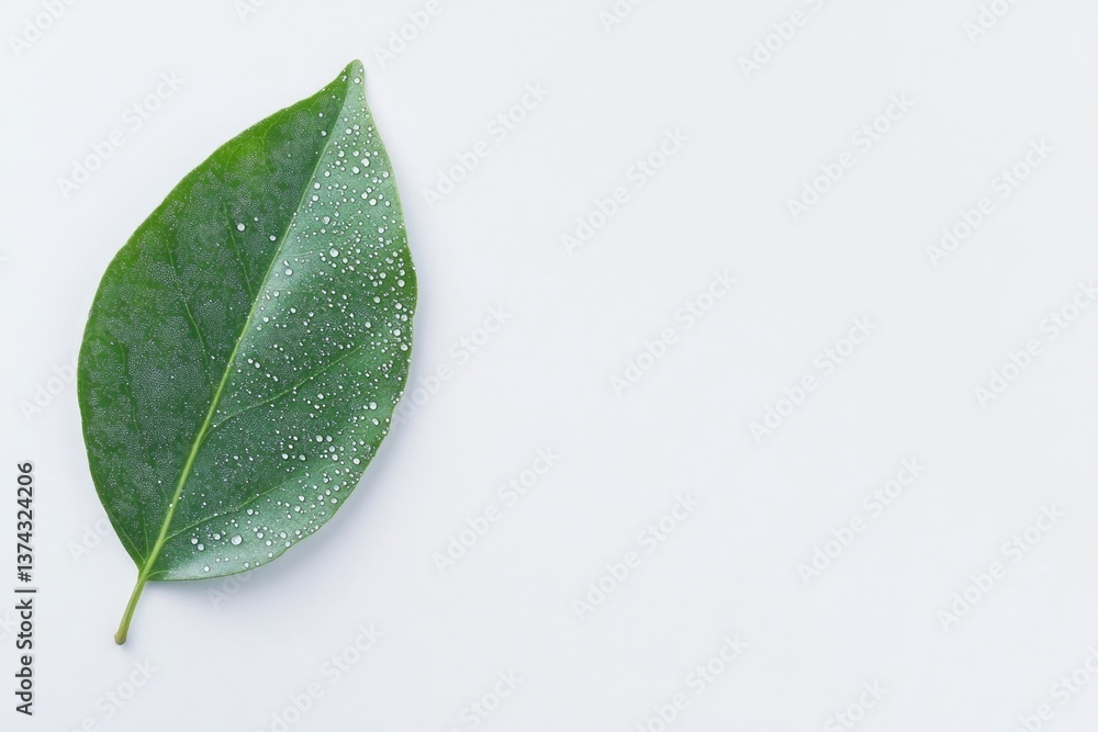 Poster capture single dew-covered leaf on plain white background emphasizing its intricate details and vibr