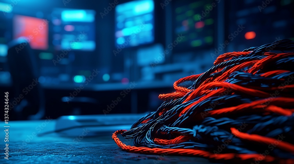 Poster a close-up view of tangled cables on a desk, with computer screens glowing in the background, creati