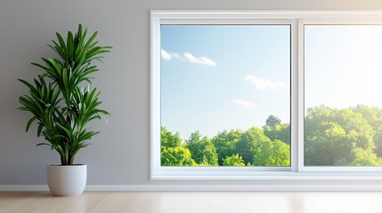 Serene nature view from modern window indoor plant decor bright room tranquil environment peaceful concept