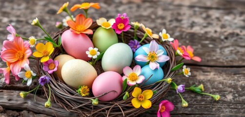 Vibrant Easter eggs & spring blooms nestled on rustic wood, springtime,  seasonal