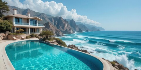 Fototapeta premium Seaside Serenity Elegant Villa Overlooking Crashing Waves, a Turquoise Pool, and Rugged Cliffs Impressionistic Dream