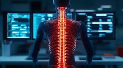 A digital rendering of a human spine illuminated in red, viewed from behind, with computer screens displaying data in the background.