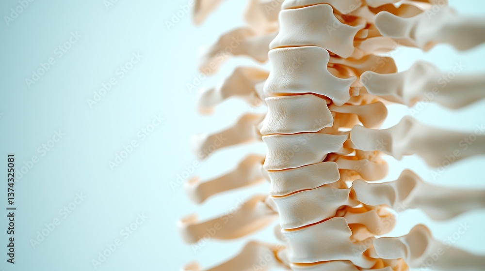 Poster a close-up view of a human spine showcasing the vertebrae, highlighting its structure and details ag