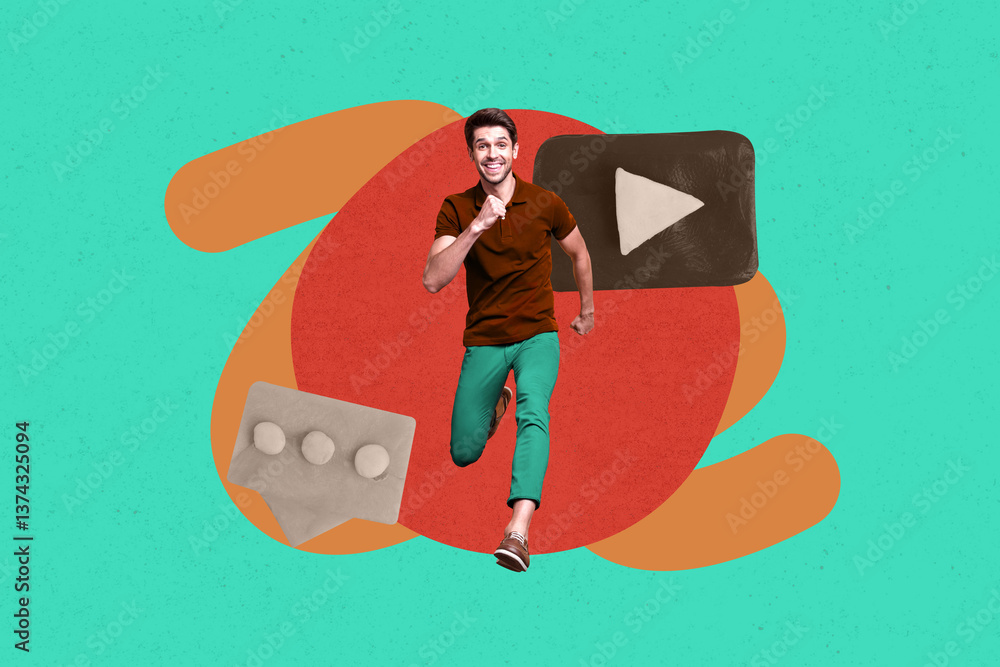 Poster 3d sketch poster trend collage of happy man run player social media icon button text box notificatio