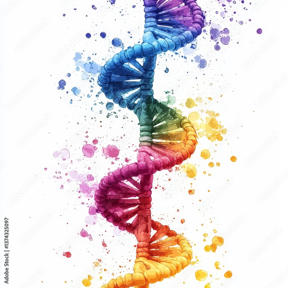 Poster vibrant abstract multicolored dna strand design with splashes of paint and artistic blur symbolizing