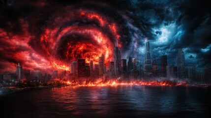 Fototapeta premium Apocalyptic Cityscape: Fiery Vortex Engulfs Metropolis