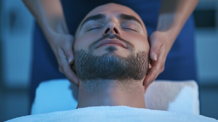 A serene man receives a relaxing head massage, promoting tranquility and stress relief in a calming spa environment.